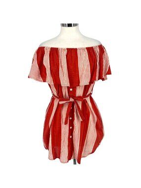 Faithfull The Brand Amalfi Rust Red Striped Off-Shoulder Dress Size Small